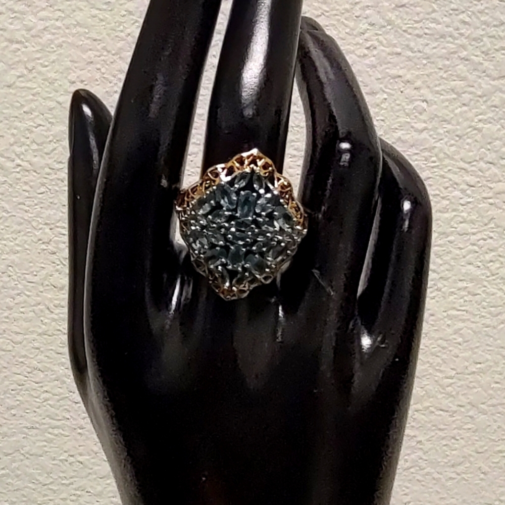 925 Sterling Silver Blue Tourmaline ring w/ Gold surrounding the stones Size 10